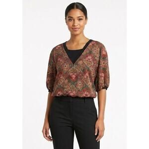 Top Notch Floral Paisley Top Blouse V-Neck Puff Sleeves  Office Plus Size 2X